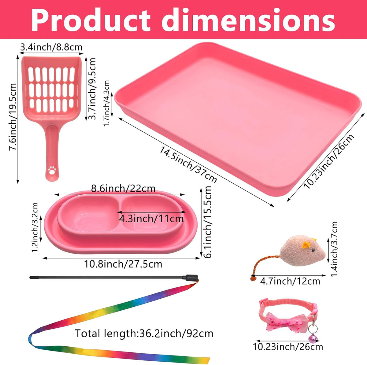 Kitten Starter Kit for Indoor Kittens, Pink Litter Box Access & Scoop, Dish Feeding Bowl, Adjustable Bell Collar, Mouse Toy - Low Entry Baby Cats Training Kits, New Kitten Essentials