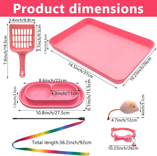 Kitten Starter Kit for Indoor Kittens, Pink Litter Box Access & Scoop, Dish Feeding Bowl, Adjustable Bell Collar, Mouse Toy - Low Entry Baby Cats Training Kits, New Kitten Essentials