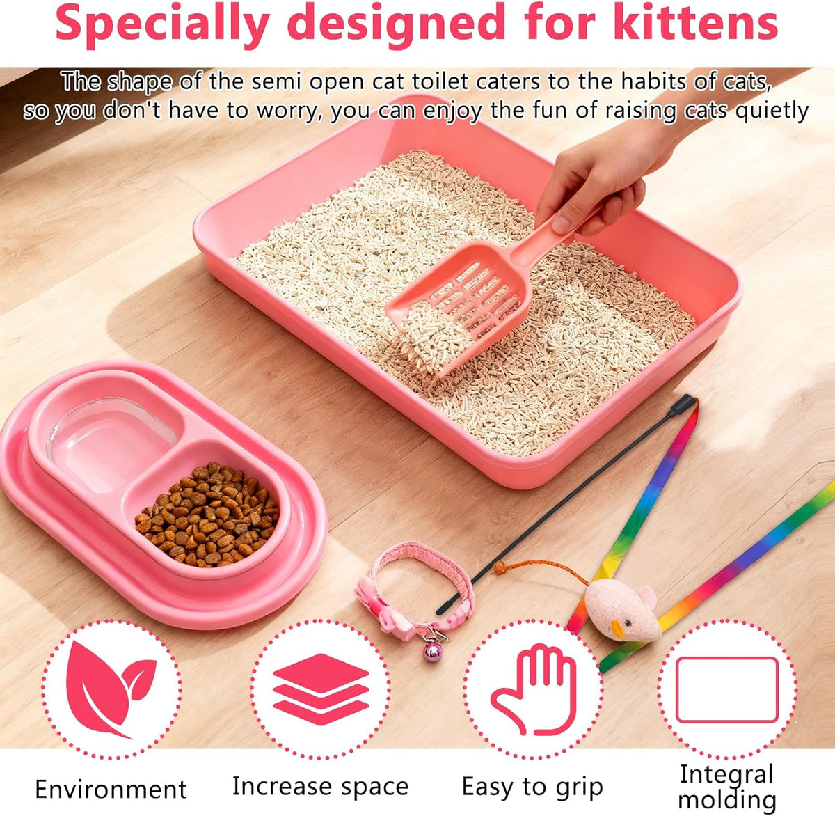 Kitten Starter Kit for Indoor Kittens, Pink Litter Box Access & Scoop, Dish Feeding Bowl, Adjustable Bell Collar, Mouse Toy - Low Entry Baby Cats Training Kits, New Kitten Essentials