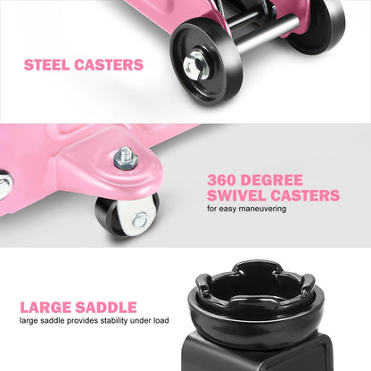 DNA Motoring Low Profile Hydraulic Trolley Service/Floor Jack, 2 Ton (4000 lbs) Capacity, Lifting Range 5.1"-13", Pink, TOOLS-00474-PK