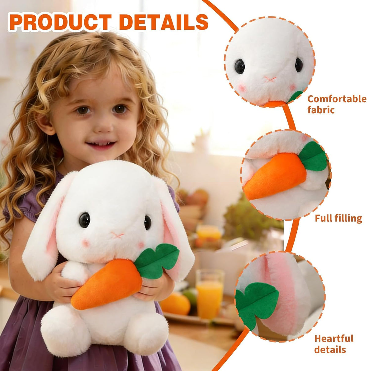 Soft Toy - Sitting Lop Eared Rabbit, Easter White Rabbit Stuffed Bunny Animal with Carrot Soft Lovely Realistic Long-Eared Standing Pink Plush Toys (White-Carrot,16.9in/43cm)