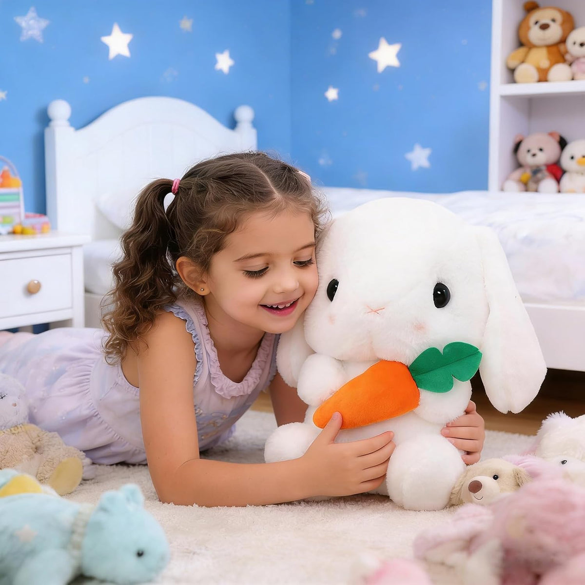 Soft Toy - Sitting Lop Eared Rabbit, Easter White Rabbit Stuffed Bunny Animal with Carrot Soft Lovely Realistic Long-Eared Standing Pink Plush Toys (White-Carrot,16.9in/43cm)