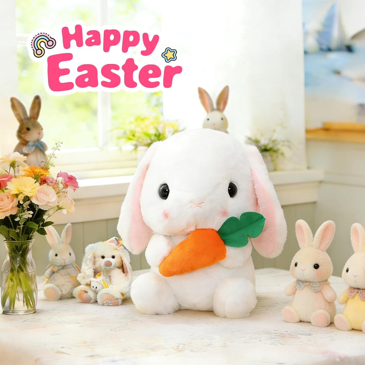 Soft Toy - Sitting Lop Eared Rabbit, Easter White Rabbit Stuffed Bunny Animal with Carrot Soft Lovely Realistic Long-Eared Standing Pink Plush Toys (White-Carrot,16.9in/43cm)