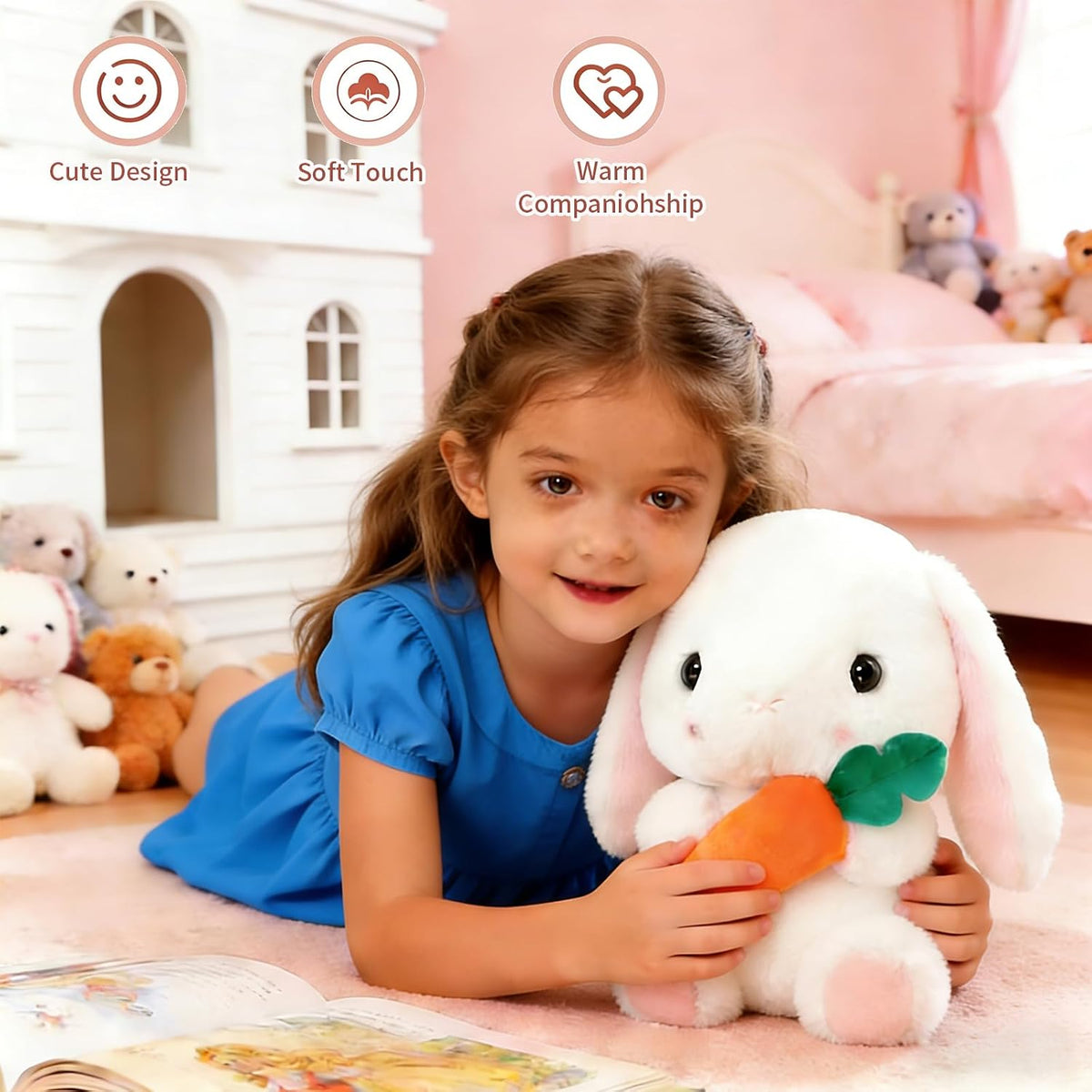 Soft Toy - Sitting Lop Eared Rabbit, Easter White Rabbit Stuffed Bunny Animal with Carrot Soft Lovely Realistic Long-Eared Standing Pink Plush Toys (White-Carrot,16.9in/43cm)