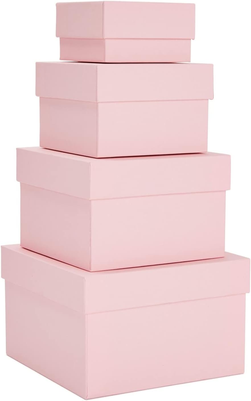 Gift Box Set - 4 Piece Assortment, Pink - Nesting & Stackable Pink Square Boxes with Lids for Weddings, Birthdays & Favors