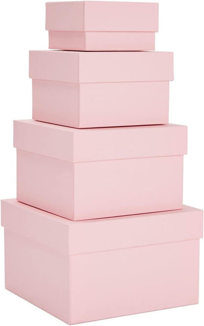 Gift Box Set - 4 Piece Assortment, Pink - Nesting & Stackable Pink Square Boxes with Lids for Weddings, Birthdays & Favors