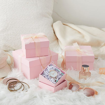 Gift Box Set - 4 Piece Assortment, Pink - Nesting & Stackable Pink Square Boxes with Lids for Weddings, Birthdays & Favors