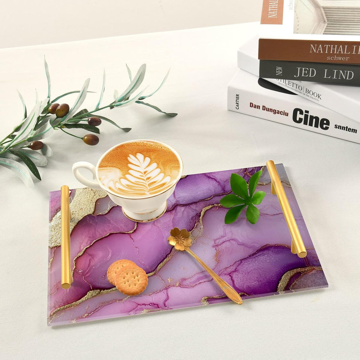 Marble Neutral Hot Pink Decorative Rectangle Tray with Handles Coffee Serving Tray for Jewelry Perfume for Food Carrying charolas para servir Cafe