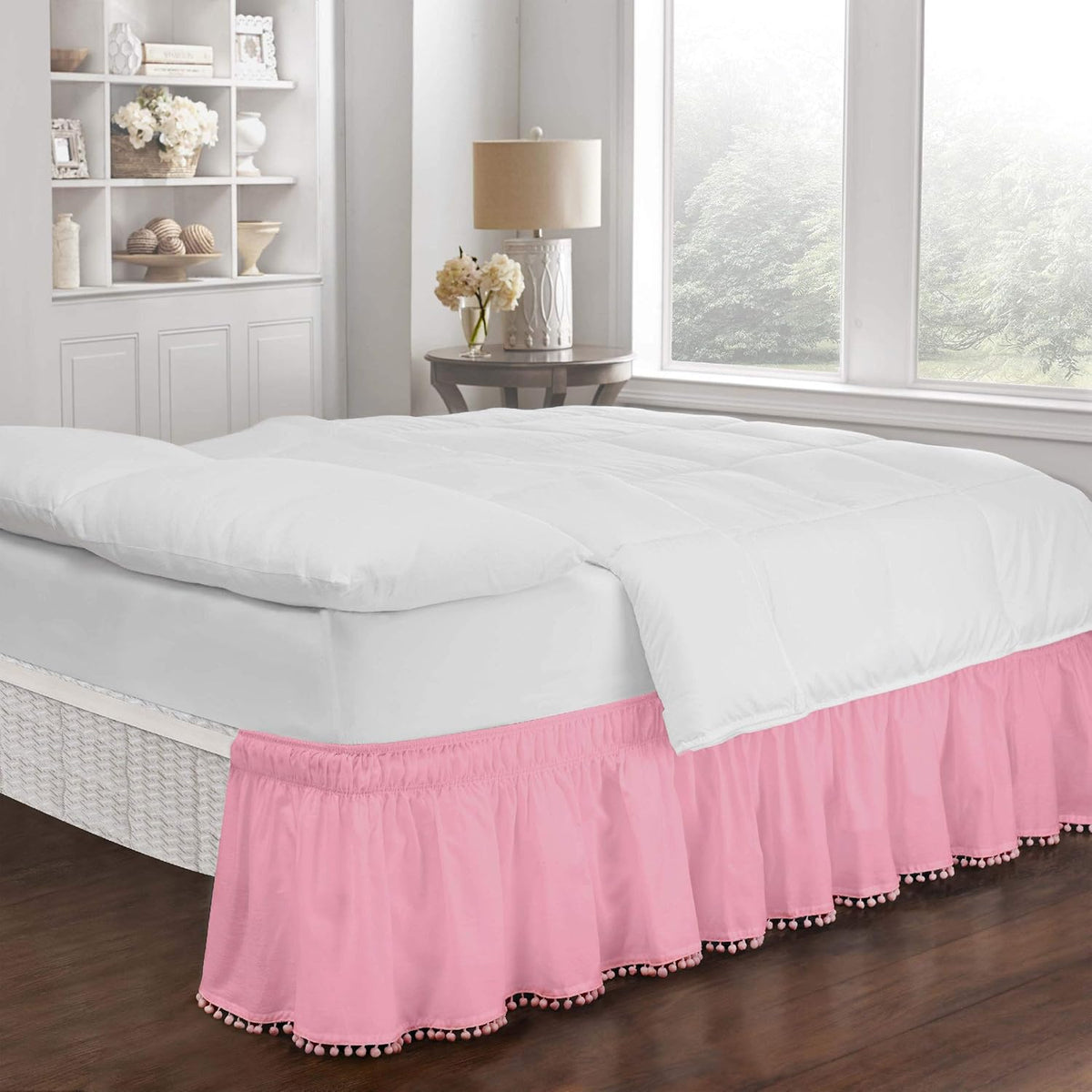 Pom Pom Elastic Wrap Around Bed Skirt, Easy On/Off Dust Ruffle (18 Inch Drop), Queen/King, Pink