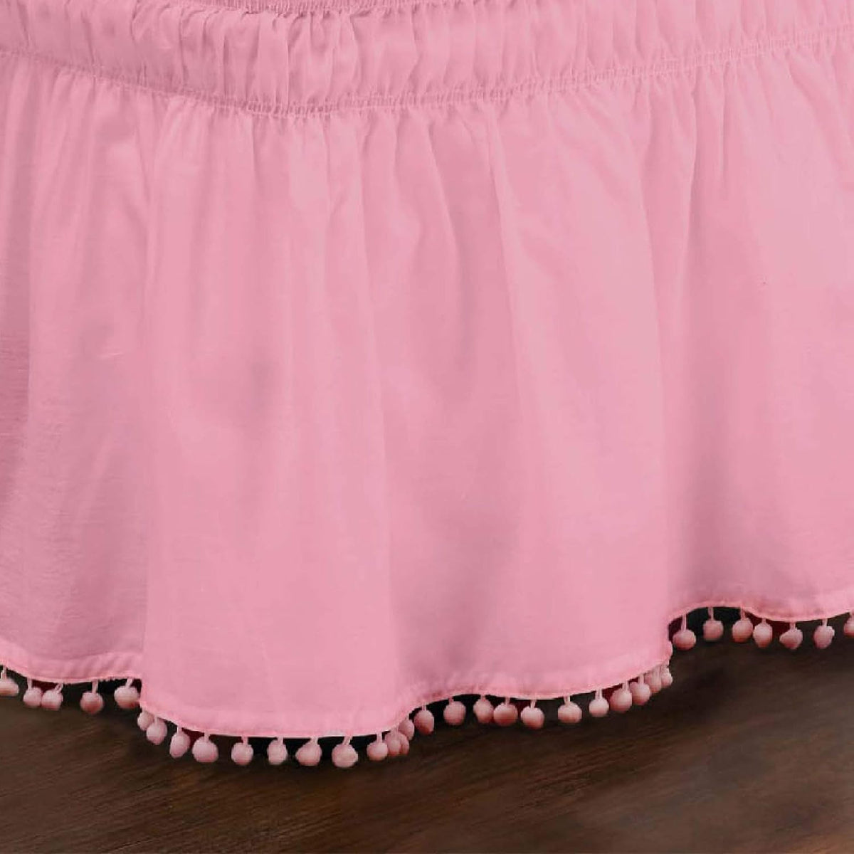 Pom Pom Elastic Wrap Around Bed Skirt, Easy On/Off Dust Ruffle (18 Inch Drop), Queen/King, Pink