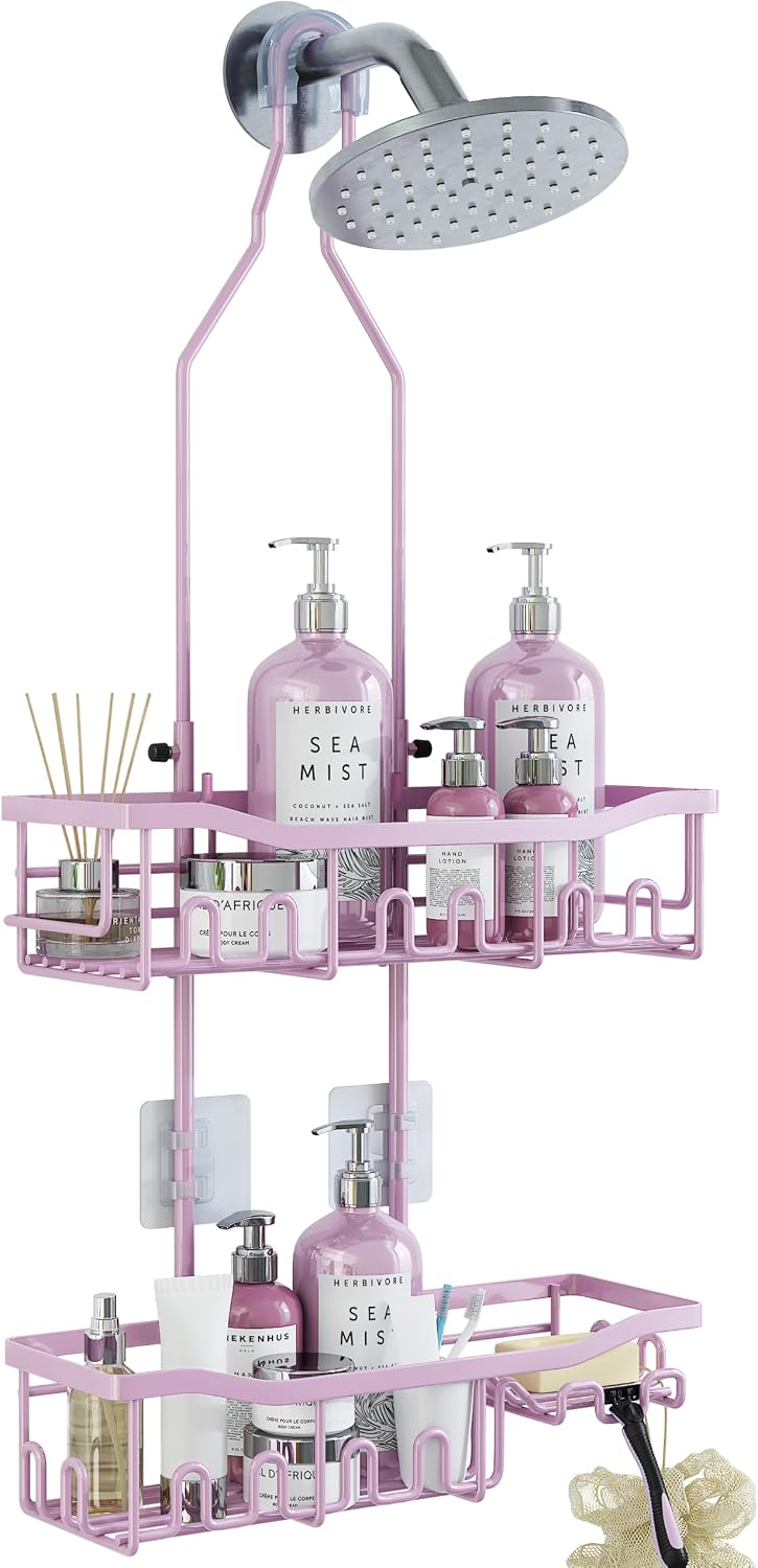 Shower Caddy, Upgraded Extended Length Shower Caddy Over Showerhead No Blocking to Shower Head, Rustproof Shower Organizer with Hooks Shampoo Soap Holder, Bathroom Large Hanging Shower Caddy