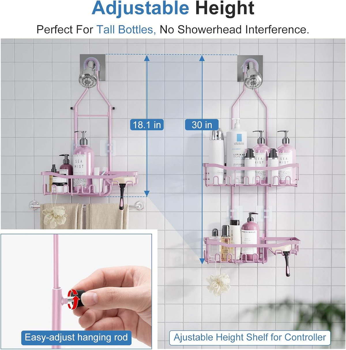 Shower Caddy, Upgraded Extended Length Shower Caddy Over Showerhead No Blocking to Shower Head, Rustproof Shower Organizer with Hooks Shampoo Soap Holder, Bathroom Large Hanging Shower Caddy