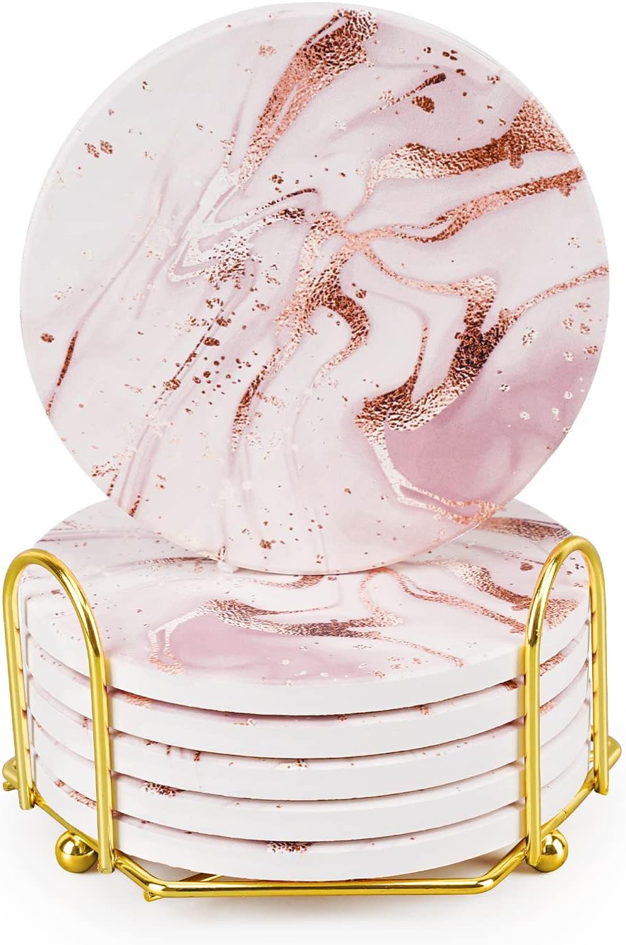 Pink Marble Coasters Set of 6 with Cork Base, Absorbent Coasters with Holder for Dining Table, Housewarming Gifts, Home Decor