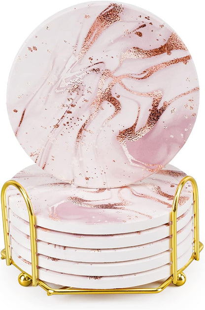 Pink Marble Coasters Set of 6 with Cork Base, Absorbent Coasters with Holder for Dining Table, Housewarming Gifts, Home Decor