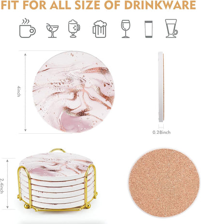 Pink Marble Coasters Set of 6 with Cork Base, Absorbent Coasters with Holder for Dining Table, Housewarming Gifts, Home Decor