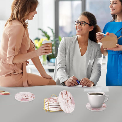 Pink Marble Coasters Set of 6 with Cork Base, Absorbent Coasters with Holder for Dining Table, Housewarming Gifts, Home Decor