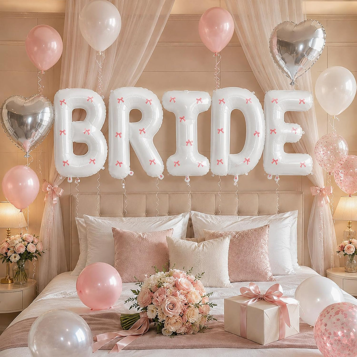 40Inch White BRIDE Balloon + Pink Bows for Bachelorette Party Decorations, Large BRIDE Mylar Foil Letter Balloons, Bride To Be Banner for Bridal Shower Photo Booth Engagement Wedding Hen Party Decor