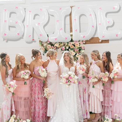 40Inch White BRIDE Balloon + Pink Bows for Bachelorette Party Decorations, Large BRIDE Mylar Foil Letter Balloons, Bride To Be Banner for Bridal Shower Photo Booth Engagement Wedding Hen Party Decor