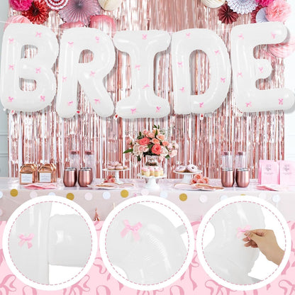 40Inch White BRIDE Balloon + Pink Bows for Bachelorette Party Decorations, Large BRIDE Mylar Foil Letter Balloons, Bride To Be Banner for Bridal Shower Photo Booth Engagement Wedding Hen Party Decor