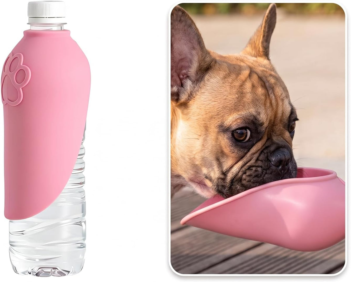 Foldable Silicone Dog Water Bottle Adapter Portable Pet Drinking Bowl Attachment Leak Proof Dispenser for Outdoor Walking Hiking Travel (Pink)