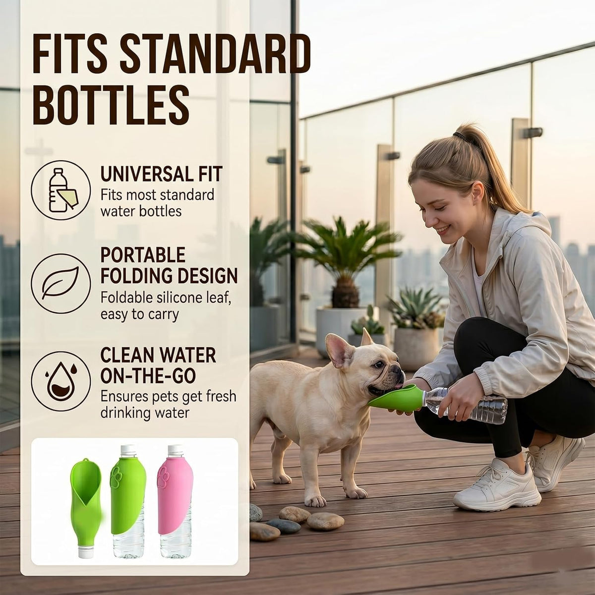 Foldable Silicone Dog Water Bottle Adapter Portable Pet Drinking Bowl Attachment Leak Proof Dispenser for Outdoor Walking Hiking Travel (Pink)