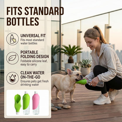 Foldable Silicone Dog Water Bottle Adapter Portable Pet Drinking Bowl Attachment Leak Proof Dispenser for Outdoor Walking Hiking Travel (Pink)