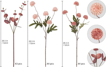 8 Stems Artificial Faux Kiku Flower with 3 Branches Eucalyptus Stems,Pink Fake Flowers Silk Pompom Mum Artificial Flowers for Wedding Bouquet Home Party Floral Arrangements(Mixed Pink)