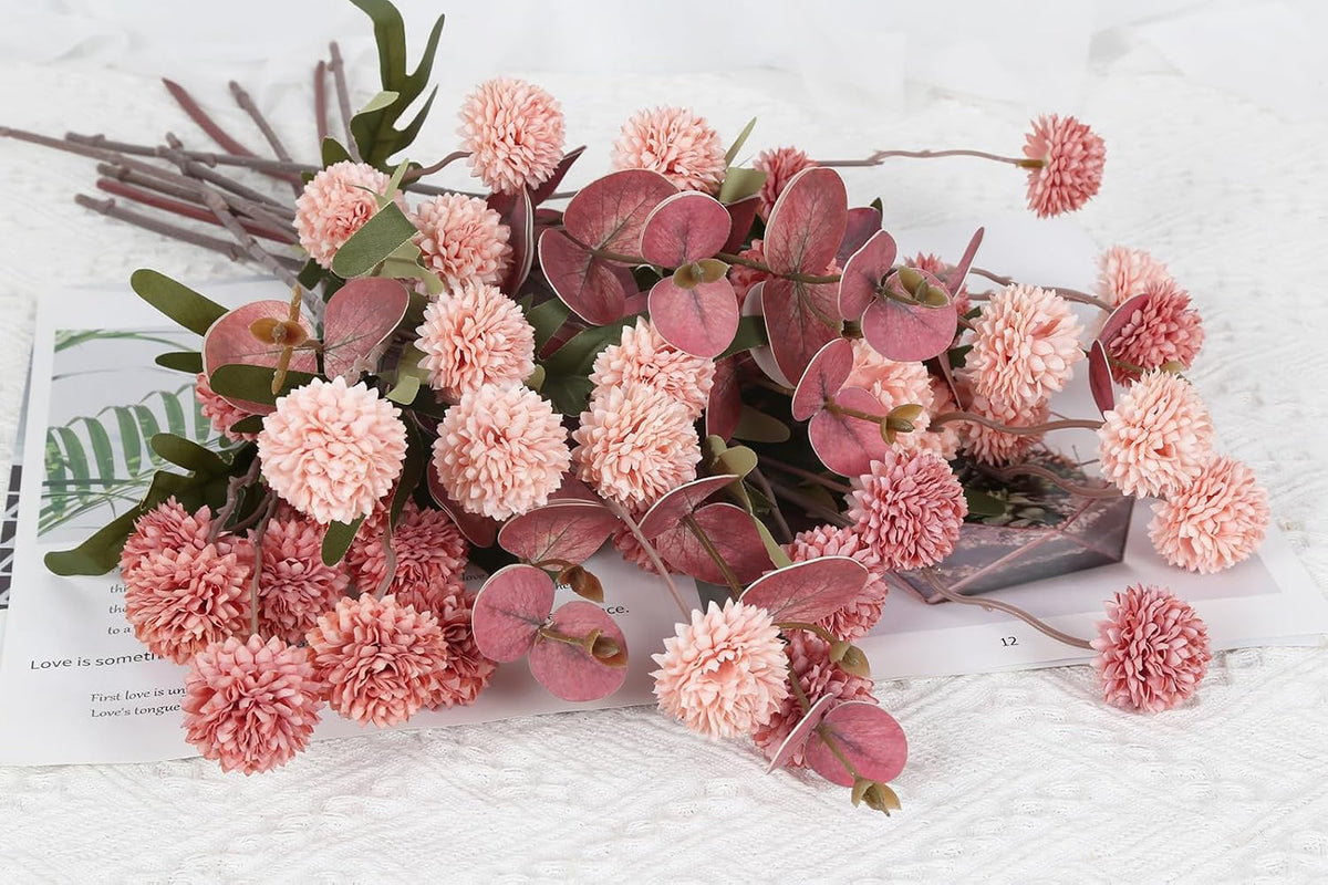 8 Stems Artificial Faux Kiku Flower with 3 Branches Eucalyptus Stems,Pink Fake Flowers Silk Pompom Mum Artificial Flowers for Wedding Bouquet Home Party Floral Arrangements(Mixed Pink)