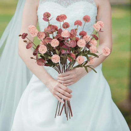 8 Stems Artificial Faux Kiku Flower with 3 Branches Eucalyptus Stems,Pink Fake Flowers Silk Pompom Mum Artificial Flowers for Wedding Bouquet Home Party Floral Arrangements(Mixed Pink)