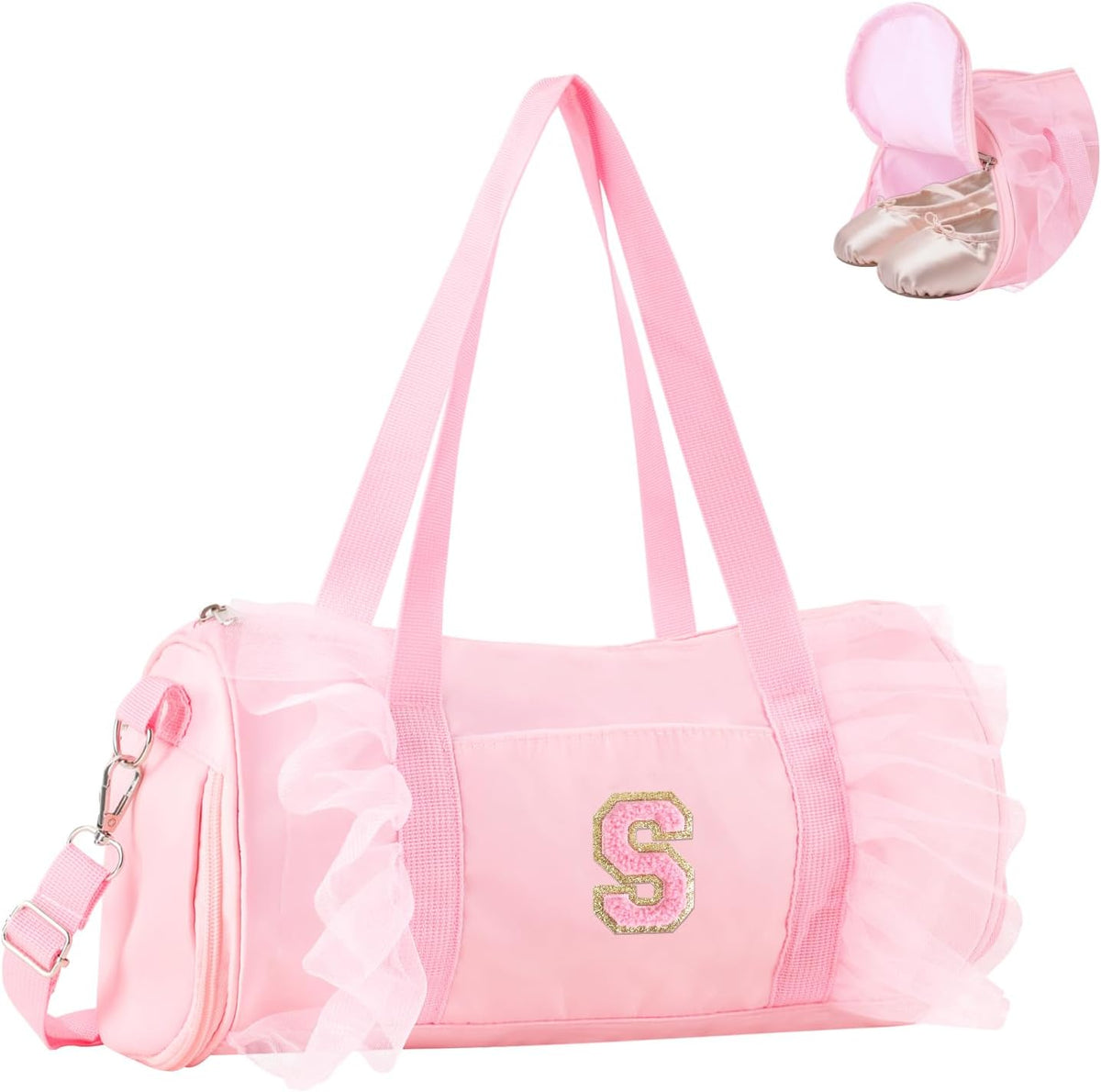 Personalized Initial Dance Bag for Girls 4-6, Small Lace Gym Sport Yoga Cheer Dance Bags Gift for Teen Girls, Cute Letter Kids Ballet Bag Toddler Travel Duffel Tote with Adjustable Straps(Pink-S)