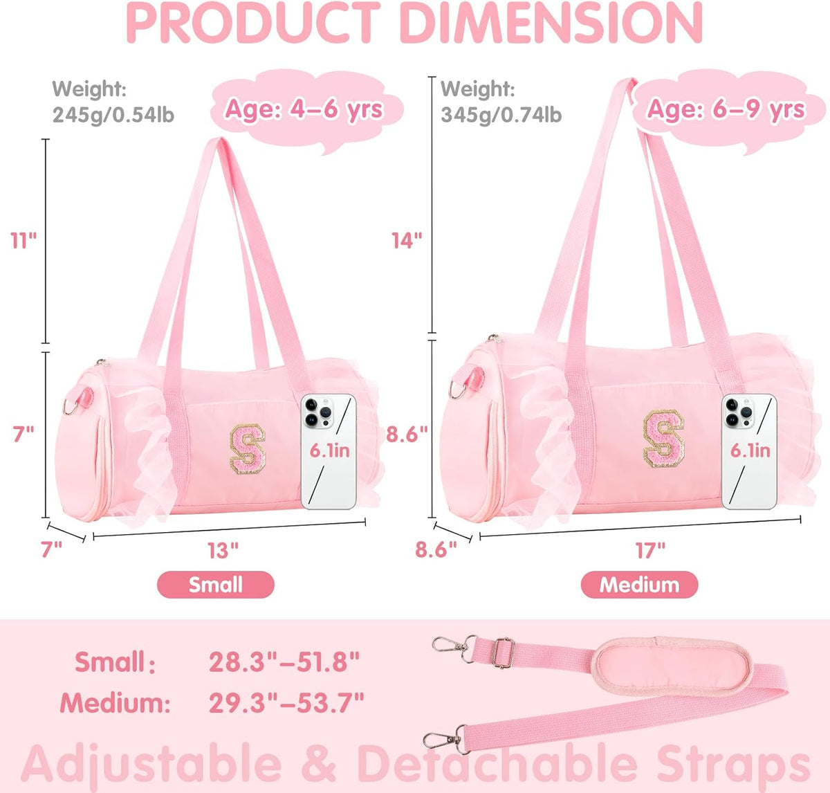 Personalized Initial Dance Bag for Girls 4-6, Small Lace Gym Sport Yoga Cheer Dance Bags Gift for Teen Girls, Cute Letter Kids Ballet Bag Toddler Travel Duffel Tote with Adjustable Straps(Pink-S)