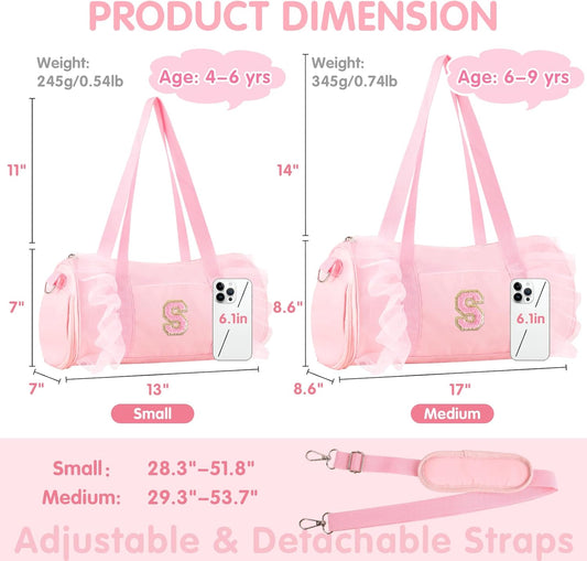 Personalized Initial Dance Bag for Girls 4-6, Small Lace Gym Sport Yoga Cheer Dance Bags Gift for Teen Girls, Cute Letter Kids Ballet Bag Toddler Travel Duffel Tote with Adjustable Straps(Pink-S)