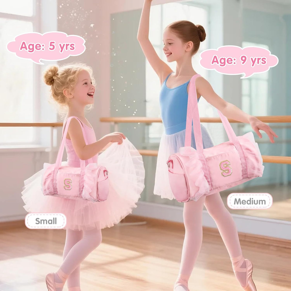 Personalized Initial Dance Bag for Girls 4-6, Small Lace Gym Sport Yoga Cheer Dance Bags Gift for Teen Girls, Cute Letter Kids Ballet Bag Toddler Travel Duffel Tote with Adjustable Straps(Pink-S)