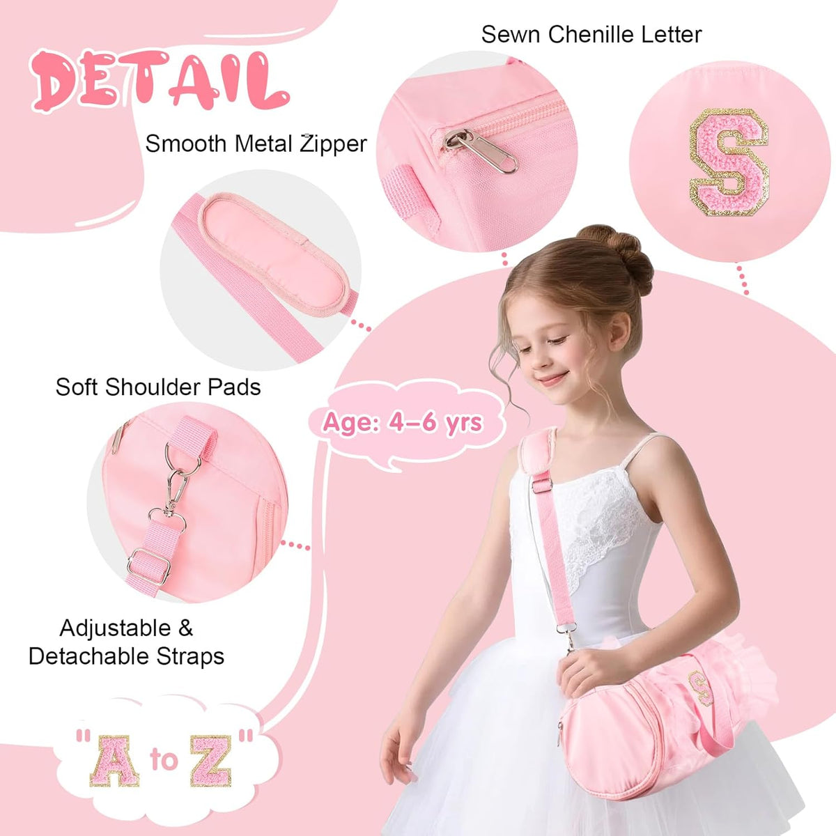 Personalized Initial Dance Bag for Girls 4-6, Small Lace Gym Sport Yoga Cheer Dance Bags Gift for Teen Girls, Cute Letter Kids Ballet Bag Toddler Travel Duffel Tote with Adjustable Straps(Pink-S)