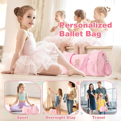Personalized Initial Dance Bag for Girls 4-6, Small Lace Gym Sport Yoga Cheer Dance Bags Gift for Teen Girls, Cute Letter Kids Ballet Bag Toddler Travel Duffel Tote with Adjustable Straps(Pink-S)