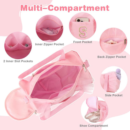 Personalized Initial Dance Bag for Girls 4-6, Small Lace Gym Sport Yoga Cheer Dance Bags Gift for Teen Girls, Cute Letter Kids Ballet Bag Toddler Travel Duffel Tote with Adjustable Straps(Pink-S)
