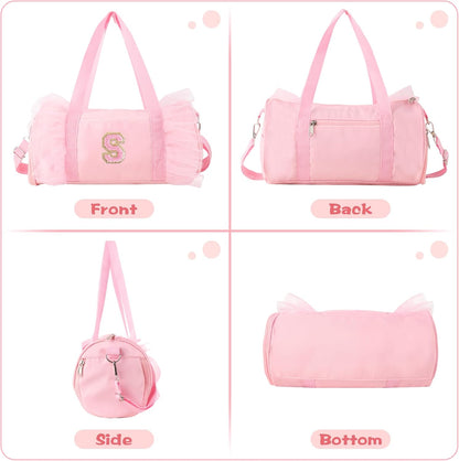 Personalized Initial Dance Bag for Girls 4-6, Small Lace Gym Sport Yoga Cheer Dance Bags Gift for Teen Girls, Cute Letter Kids Ballet Bag Toddler Travel Duffel Tote with Adjustable Straps(Pink-S)