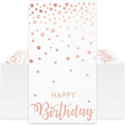50Pcs Happy Birthday Guest Napkins Rose Gold Foil Dots Birthday Disposable Paper Napkins Dinner Hand Towel for Women Bathroom Party Supplies