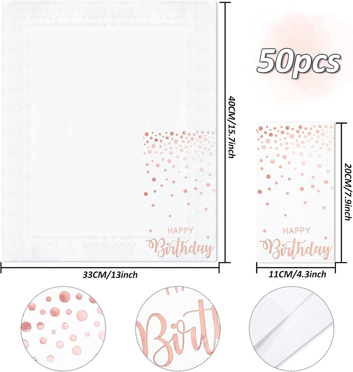 50Pcs Happy Birthday Guest Napkins Rose Gold Foil Dots Birthday Disposable Paper Napkins Dinner Hand Towel for Women Bathroom Party Supplies