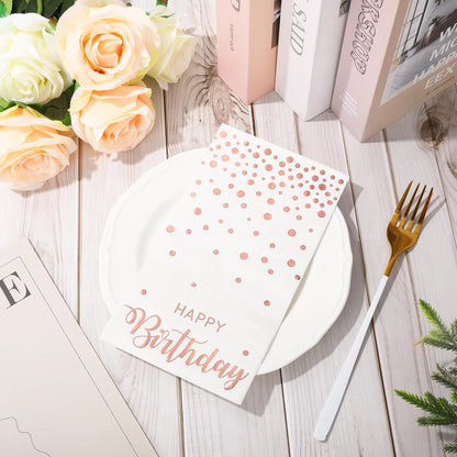 50Pcs Happy Birthday Guest Napkins Rose Gold Foil Dots Birthday Disposable Paper Napkins Dinner Hand Towel for Women Bathroom Party Supplies
