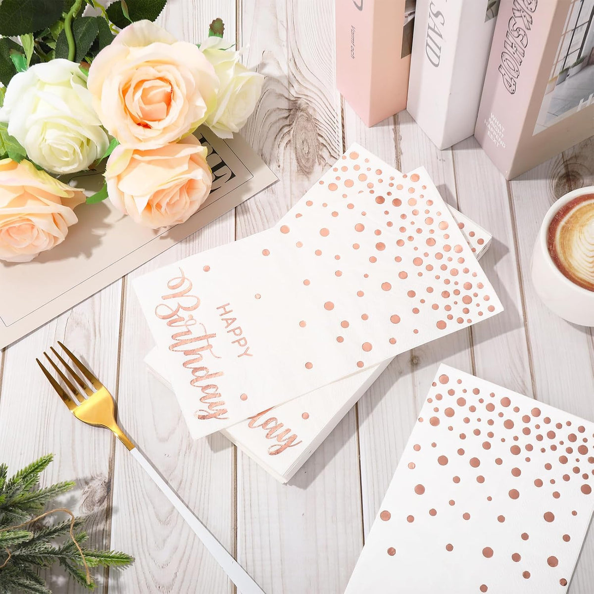 50Pcs Happy Birthday Guest Napkins Rose Gold Foil Dots Birthday Disposable Paper Napkins Dinner Hand Towel for Women Bathroom Party Supplies