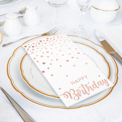 50Pcs Happy Birthday Guest Napkins Rose Gold Foil Dots Birthday Disposable Paper Napkins Dinner Hand Towel for Women Bathroom Party Supplies