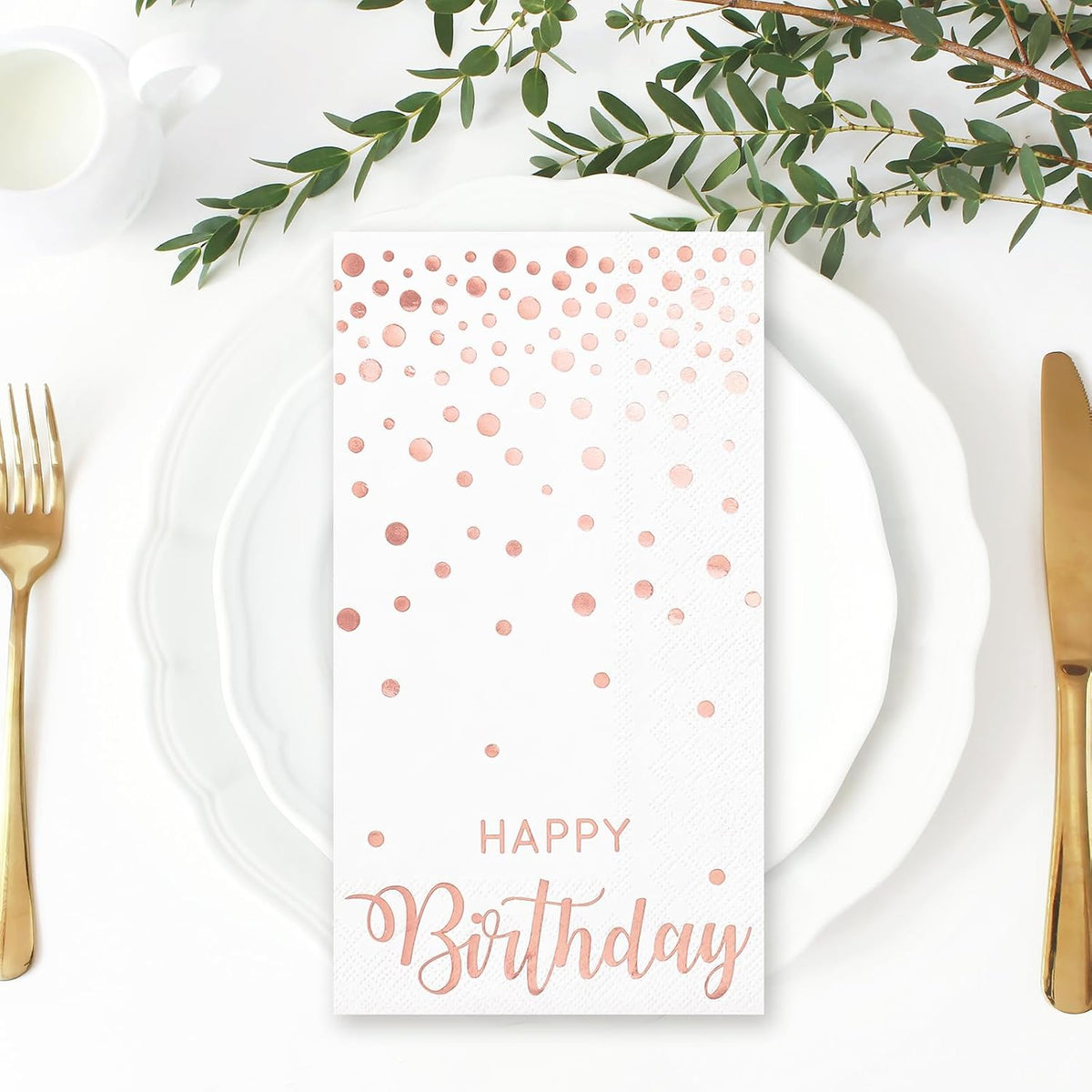 50Pcs Happy Birthday Guest Napkins Rose Gold Foil Dots Birthday Disposable Paper Napkins Dinner Hand Towel for Women Bathroom Party Supplies