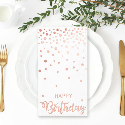 50Pcs Happy Birthday Guest Napkins Rose Gold Foil Dots Birthday Disposable Paper Napkins Dinner Hand Towel for Women Bathroom Party Supplies