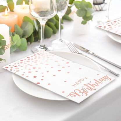 50Pcs Happy Birthday Guest Napkins Rose Gold Foil Dots Birthday Disposable Paper Napkins Dinner Hand Towel for Women Bathroom Party Supplies