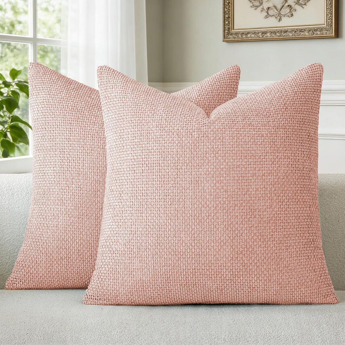 Pink Spring Chenille Throw Pillow Covers 18x18 Inch Pack of 2 Modern Decorative Throw Pillow Covers Farmhouse Cross Covers Home Decor for Sofa Bedroom Living Room