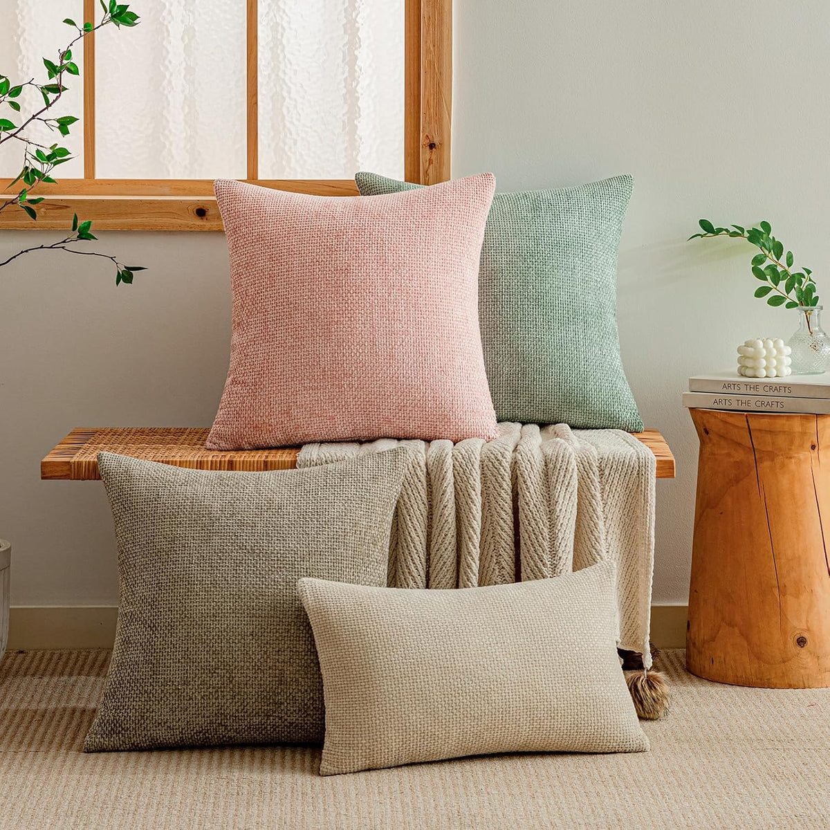 Pink Spring Chenille Throw Pillow Covers 18x18 Inch Pack of 2 Modern Decorative Throw Pillow Covers Farmhouse Cross Covers Home Decor for Sofa Bedroom Living Room