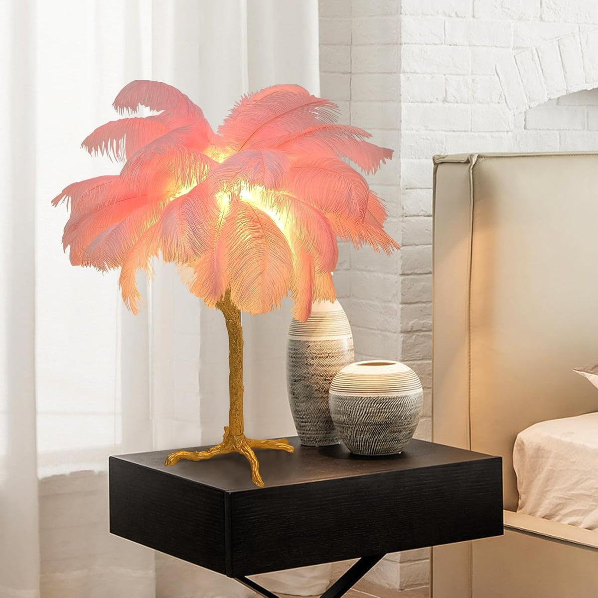 Pink Feather Bedside Lamp Romantic Ostrich Feather Table Lamp Fuzzy Princess Lamp with Gold Resin G4*3 Nordic Nightstand Light for Girl Bedroom Living Room Office Birthday Gift