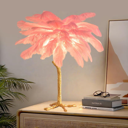 Pink Feather Bedside Lamp Romantic Ostrich Feather Table Lamp Fuzzy Princess Lamp with Gold Resin G4*3 Nordic Nightstand Light for Girl Bedroom Living Room Office Birthday Gift