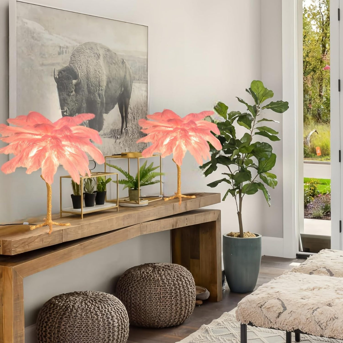 Pink Feather Bedside Lamp Romantic Ostrich Feather Table Lamp Fuzzy Princess Lamp with Gold Resin G4*3 Nordic Nightstand Light for Girl Bedroom Living Room Office Birthday Gift